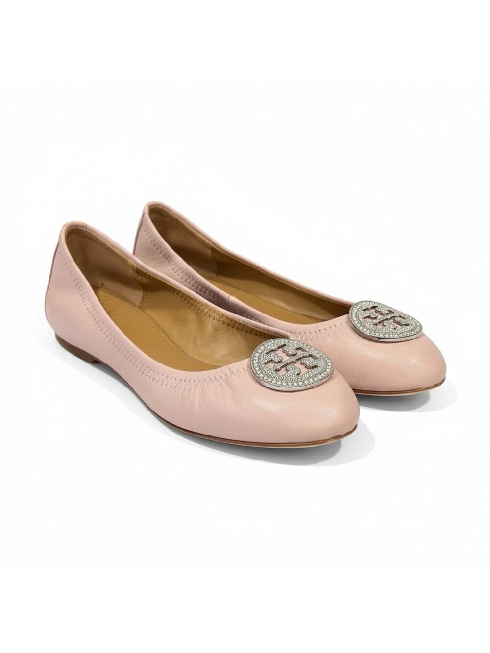 Tory Burch Liana Ballet Flat Sea Shell Pink Silver Crystal Logo Size 7.5 w/ Box